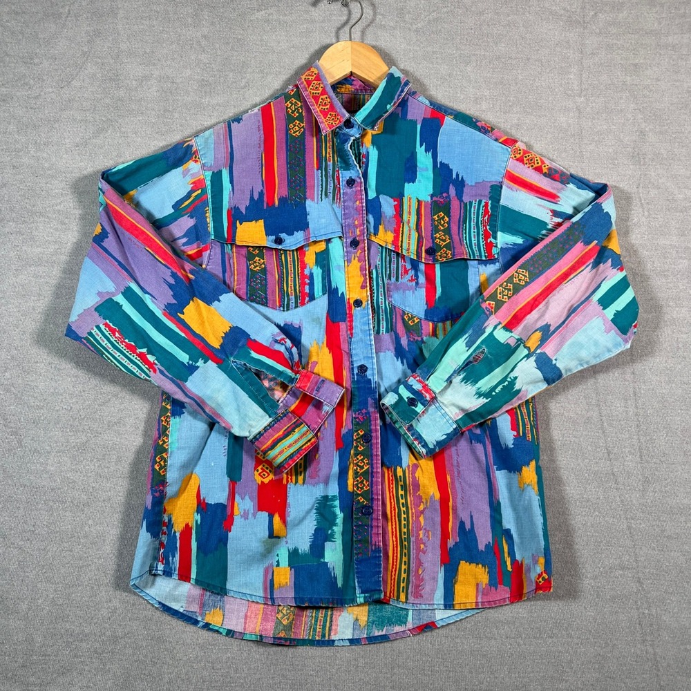 Frontier Series Western Abstract Geometric Button Up Shirt Mens M Multicolor